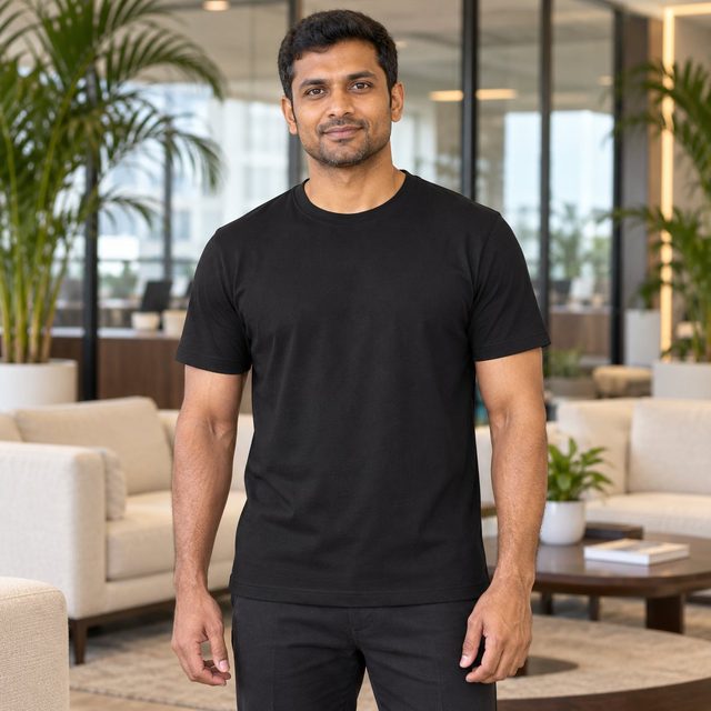 Black Panther YS2145 Round Neck T-Shirt customised with your company logo, worn by a man in an upscale office lounge. Custom logo T-shirt for corporate gifting.