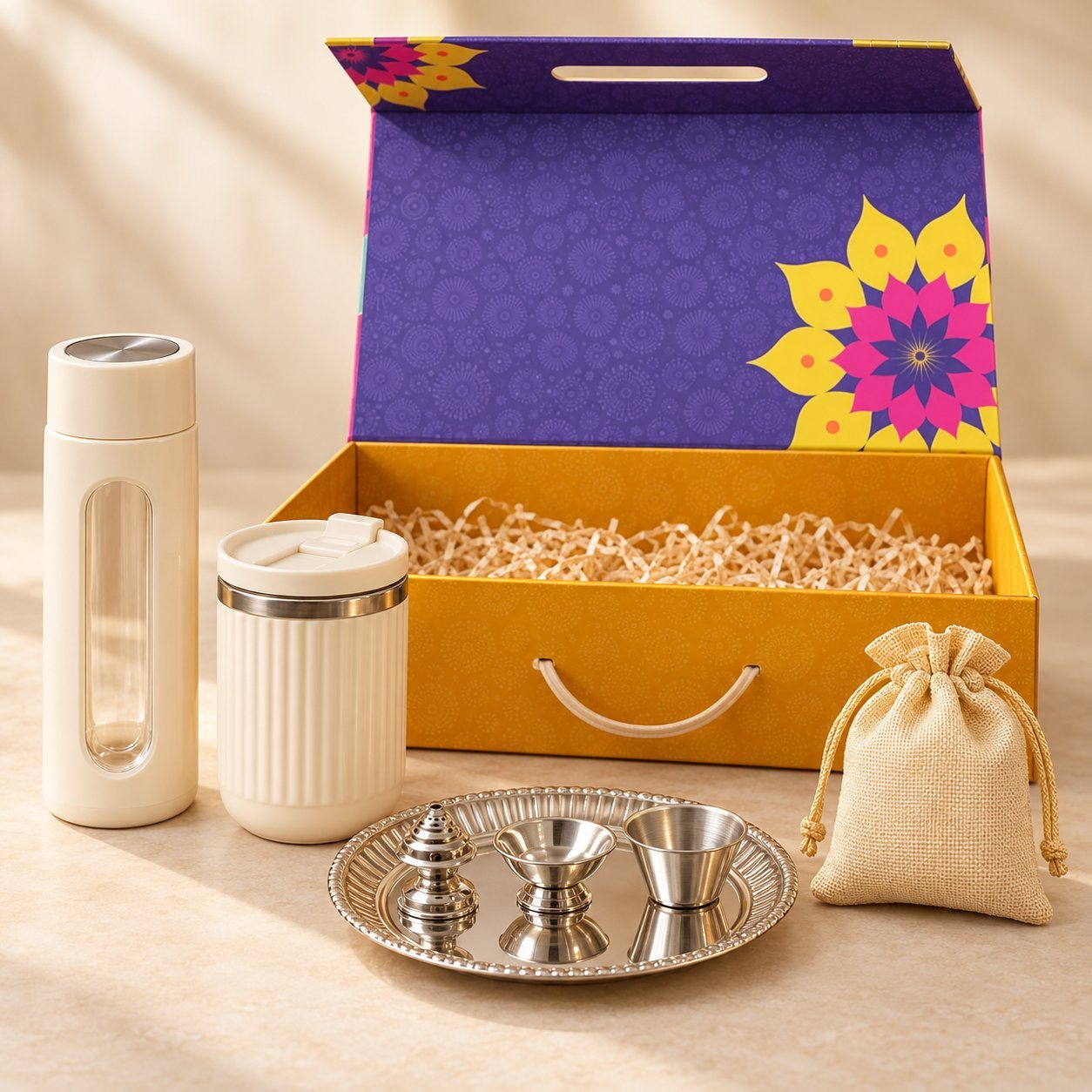 Celebrations set of 4: white glass bottle, ribbed steel mug, silver mini pooja thali and almond pouch before a purple magnetic box