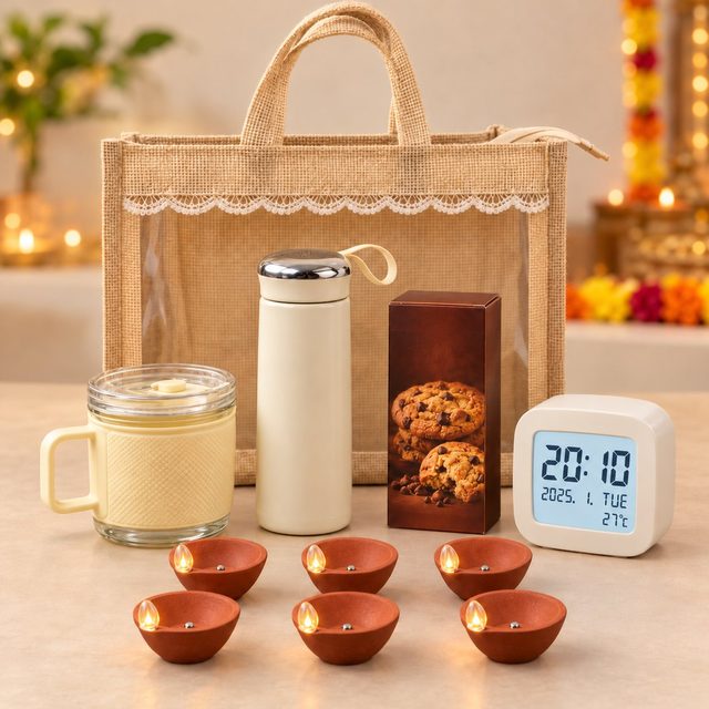 Celebrations set of 5: mini glass mug, cream glass bottle with chrome lid, cookie box, TV-style clock and six LED diyas in front of a jute gift bag