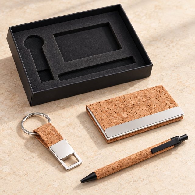 Cork pen, keychain and card holder set