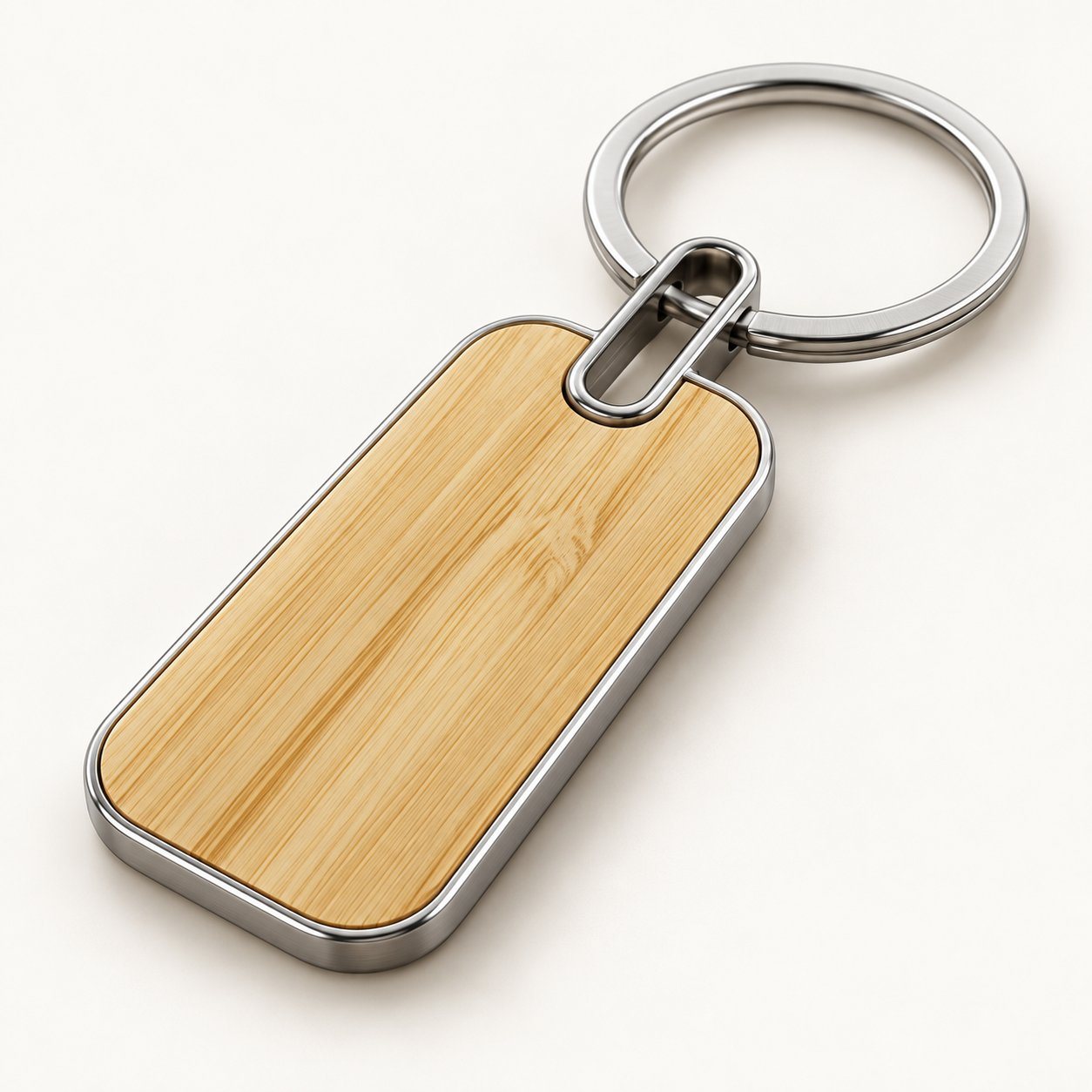 Bamboo rectangle keychain with polished silver frame and split ring