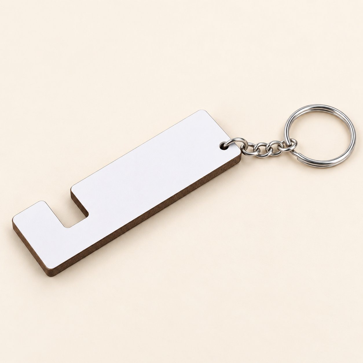 White MDF keychain with phone-stand slot and metal keyring, ready for custom print