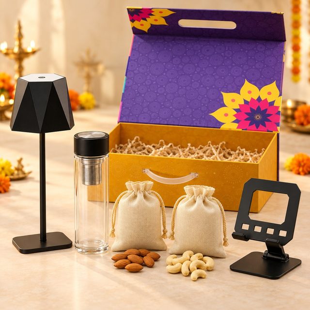 Celebrations set of 5: black table lamp, glass infuser bottle, almond and cashew pouches and black adjustable stand before a purple magnetic box