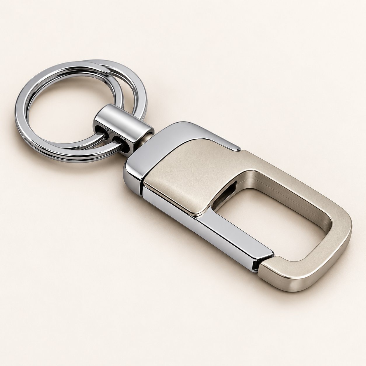 Rectangular dual-finish metal keychain with carabiner and two keyrings
