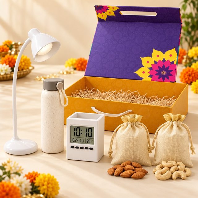 Celebrations set of 5: white LED desk lamp, wheat straw bottle, clock pen stand and almond and cashew pouches before a purple magnetic box