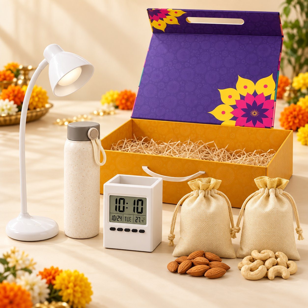 Celebrations set of 5: white LED desk lamp, wheat straw bottle, clock pen stand and almond and cashew pouches before a purple magnetic box
