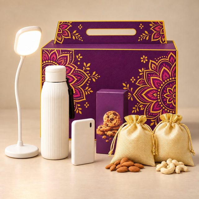 Celebrations gift set: white ribbed bottle, LED lamp, power bank, cookies and two pouches of almonds and cashews with a festive gift box