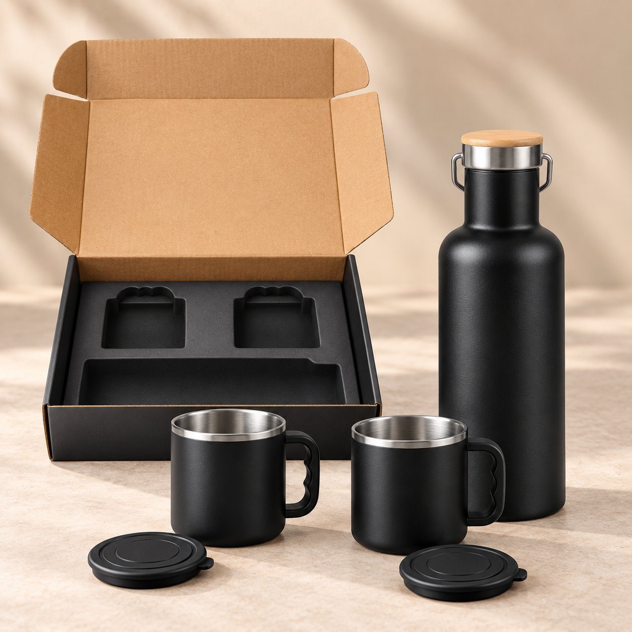 Black flask with bamboo cap and two lidded steel cups