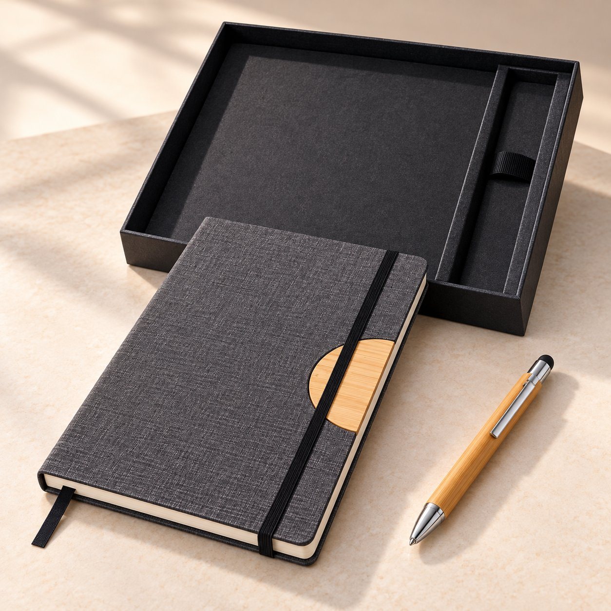 Bamboo-panel notebook and pen set