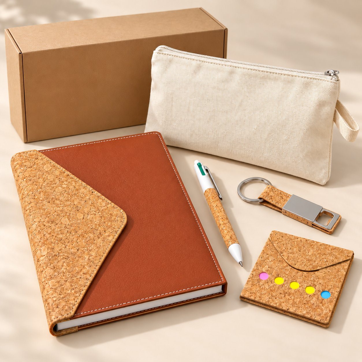 Cork classic kit: cork and brown notebook with magnetic flap, cork 4-refill pen, cork-strap keychain and cork sticky notepad with a canvas pouch and kraft box
