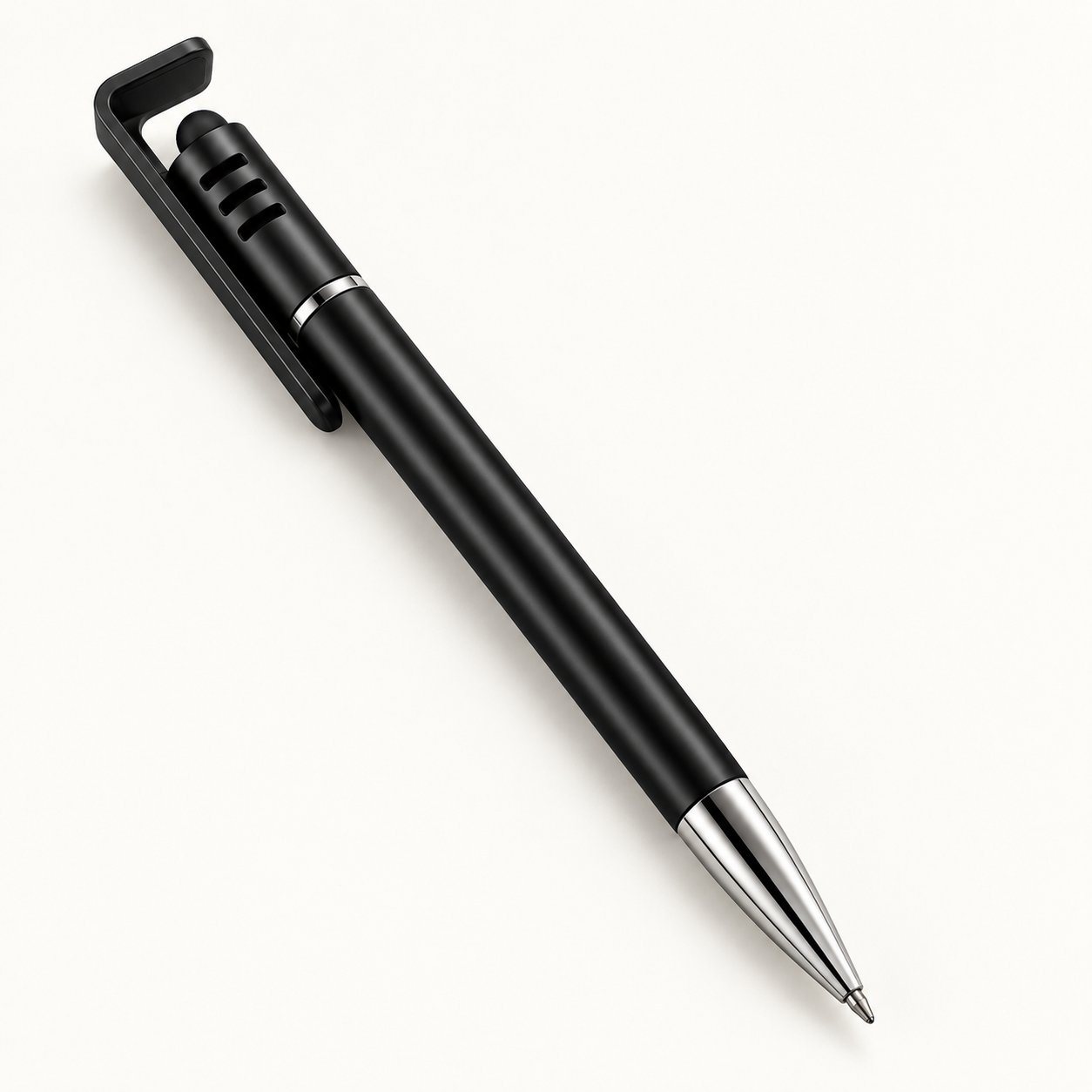 Black 3-in-1 pen with phone-stand clip