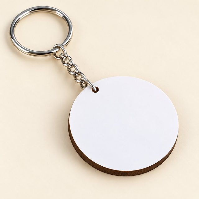 White round MDF keychain with metal ring and chain, ready for custom print