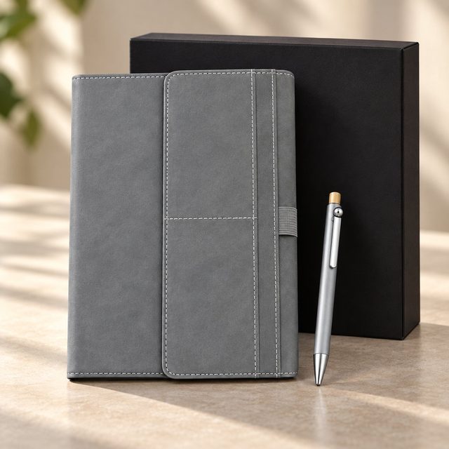 Grey notebook set of 2: A5 magnetic 3-fold notebook and silver fidget-ball pen beside a black gift box