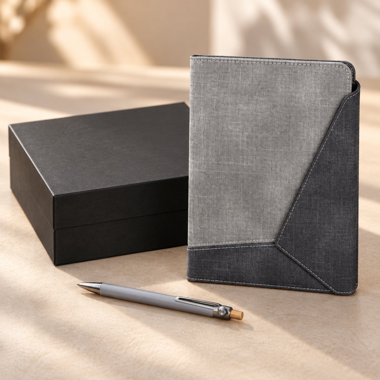 Notebook set of 2: two-tone grey A5 notebook and grey fidget-ball pen beside a black gift box