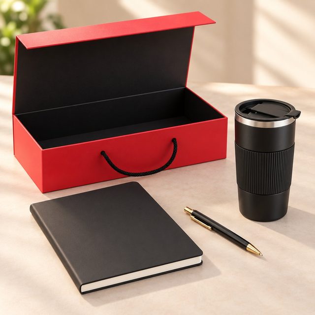 Desk set of 3: black A5 notebook, black metal pen and black vacuum mug before a red magnetic box