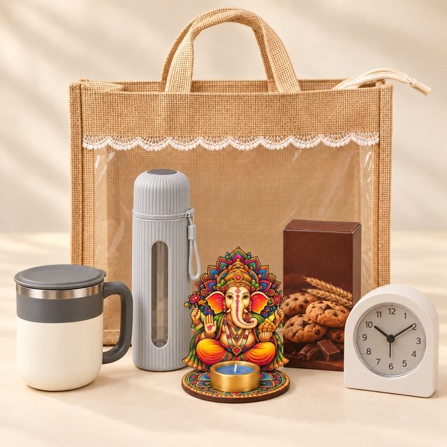 Celebrations set of 5: two-tone steel mug, light grey grooved bottle, MDF Ganesha with diya, cookie box and alarm clock before a jute bag