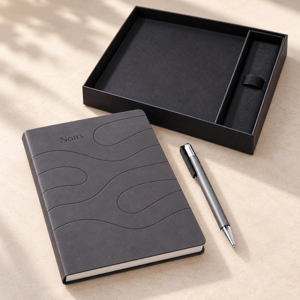 Click to zoom Grey wave-emboss notebook and pen set