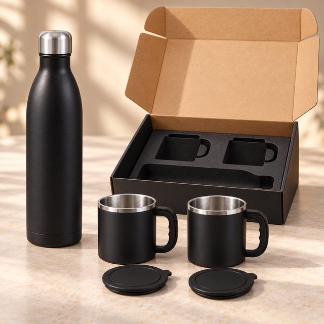 Black vacuum flask and two lidded steel cups