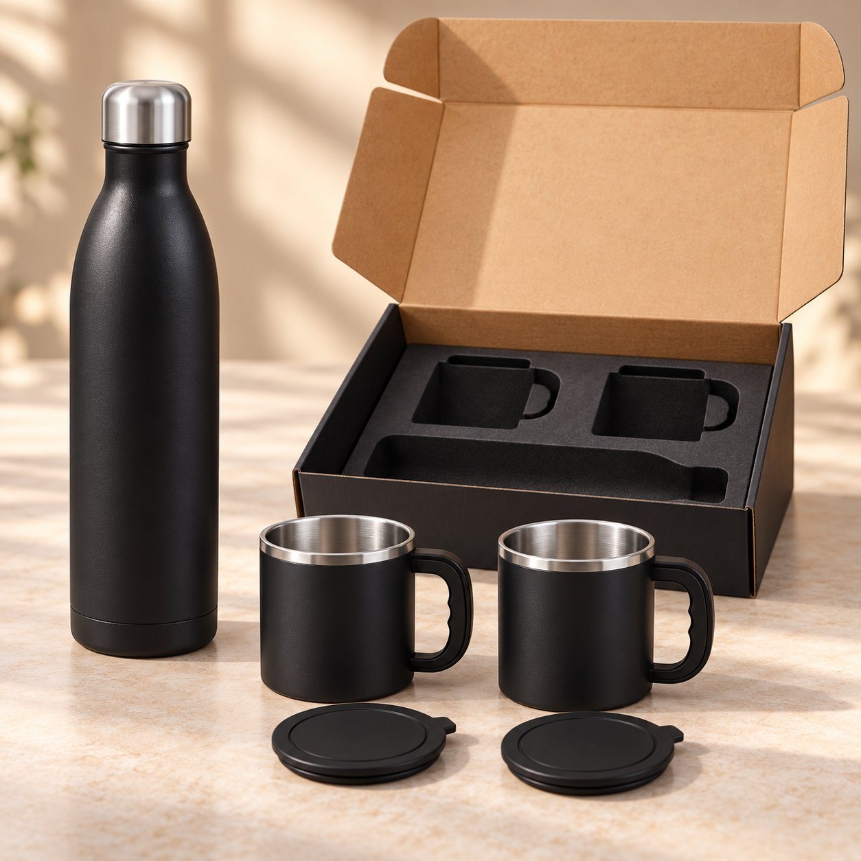 Black vacuum flask and two lidded steel cups