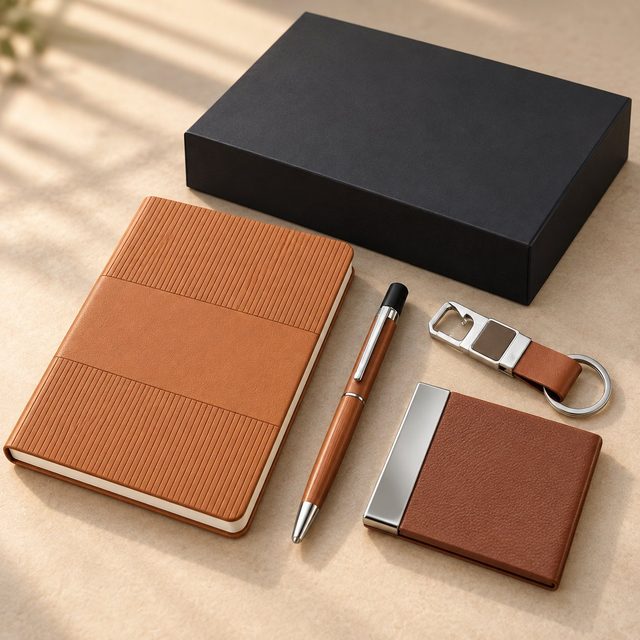 Brown notebook set of 4: A6 notebook, metal pen, loop keychain and card holder beside a black gift box