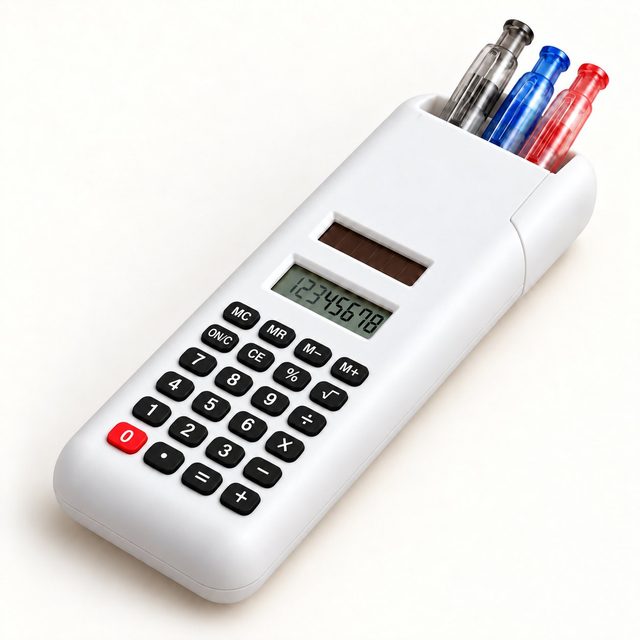 White solar calculator with three colour pens in its built-in holder