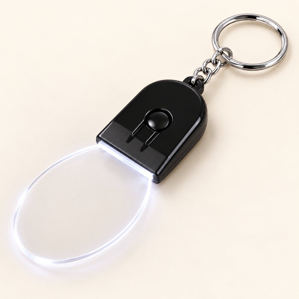 Black oval white LED acrylic keychain