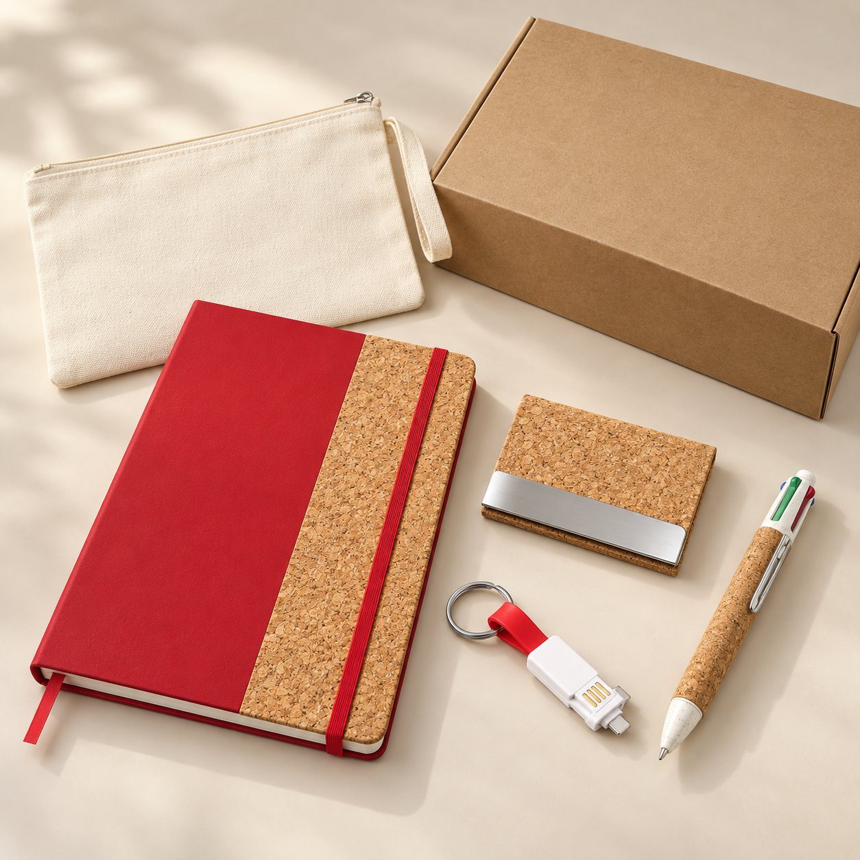 Cork executive kit: red and cork notebook, cork card holder, cable keychain and 4-refill cork pen with a canvas pouch and kraft box