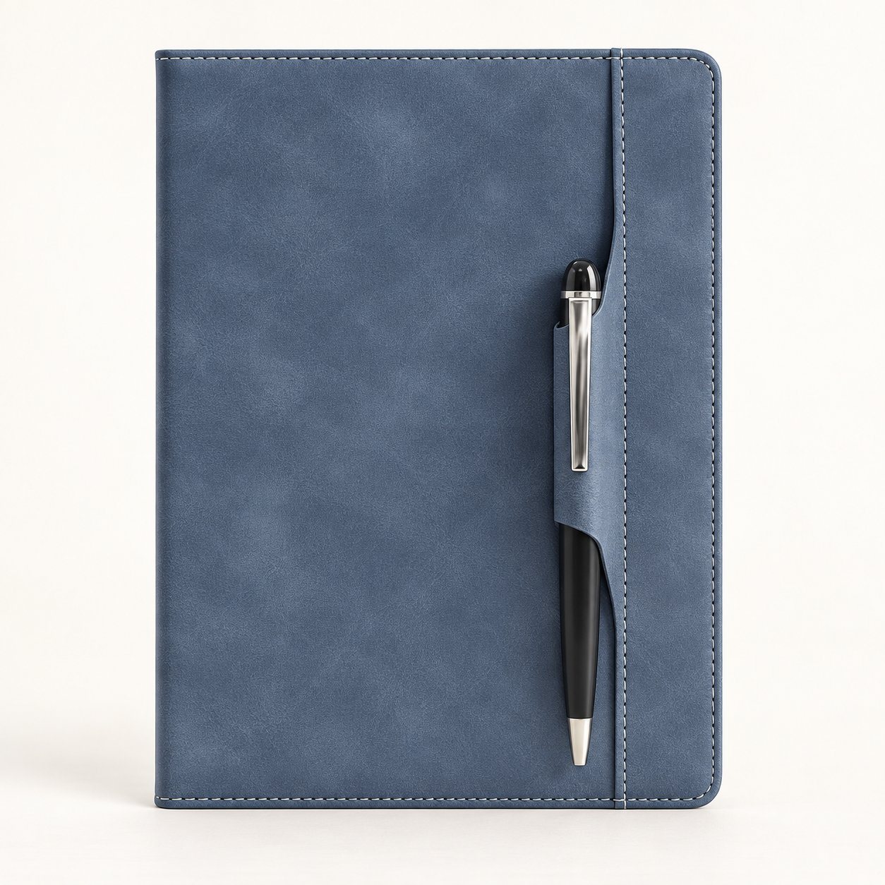 Blue A5 PU notebook with vertical stitching and pen loop
