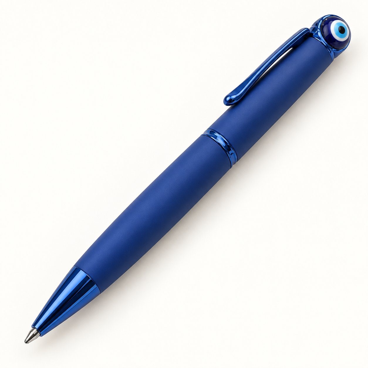 Matte blue metal pen with a Turkish evil eye on top