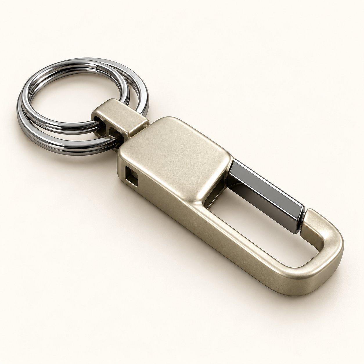 Satin metal rectangular keychain with carabiner and two keyrings