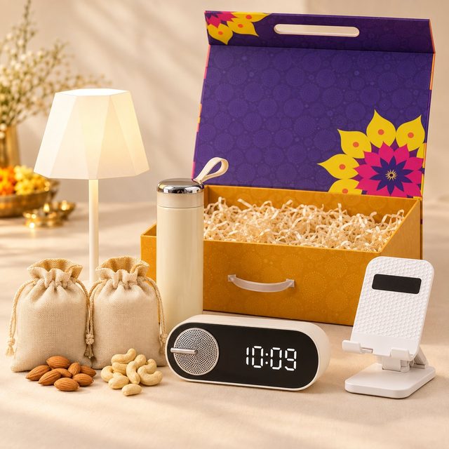 Celebrations set of 6: cream table lamp, glass bottle, almond and cashew pouches, capsule clock speaker and white foldable stand before a purple magnetic box
