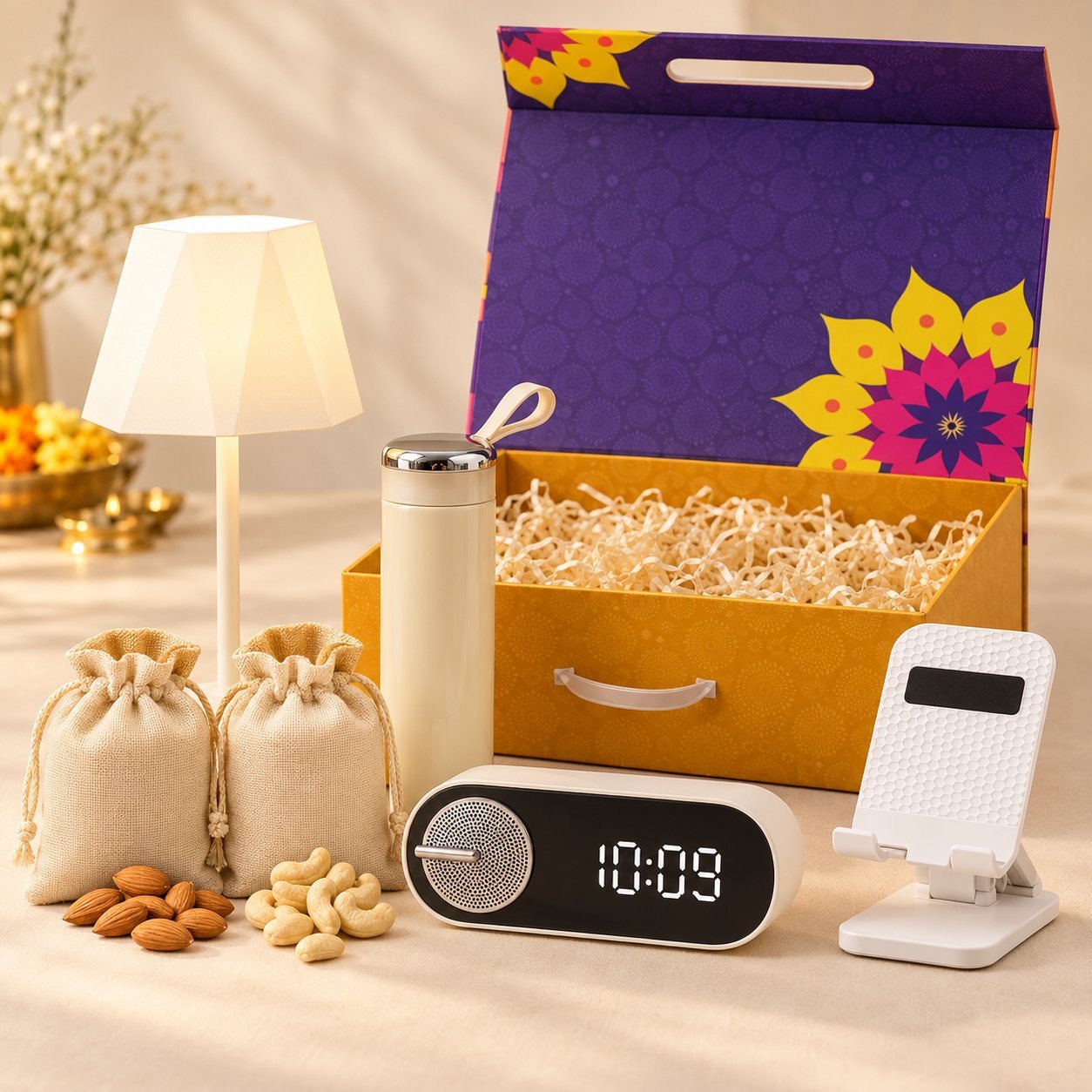 Celebrations set of 6: cream table lamp, glass bottle, almond and cashew pouches, capsule clock speaker and white foldable stand before a purple magnetic box
