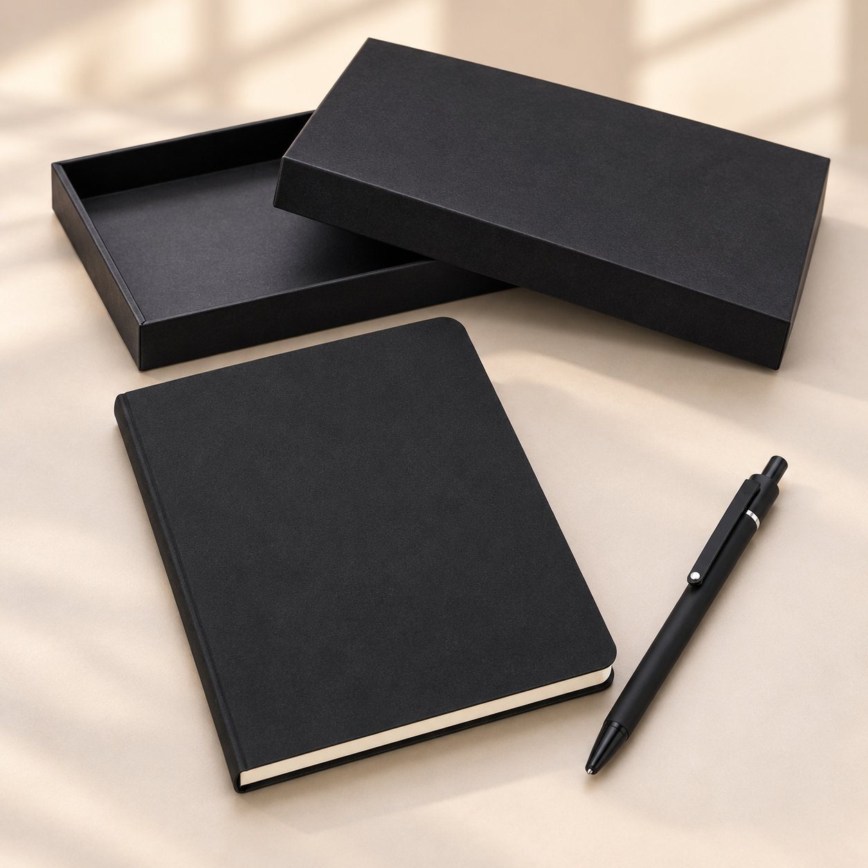 Black A5 notebook and matte black metal pen beside a black gift box