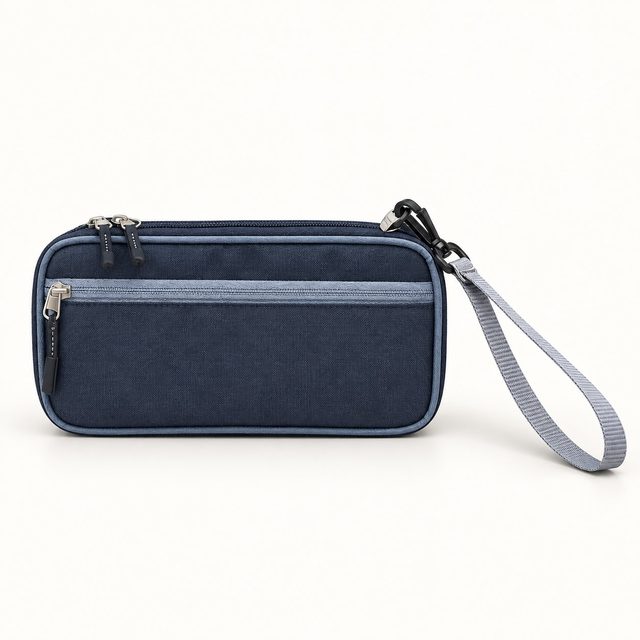Navy gadget organiser pouch with grey trim and wrist strap