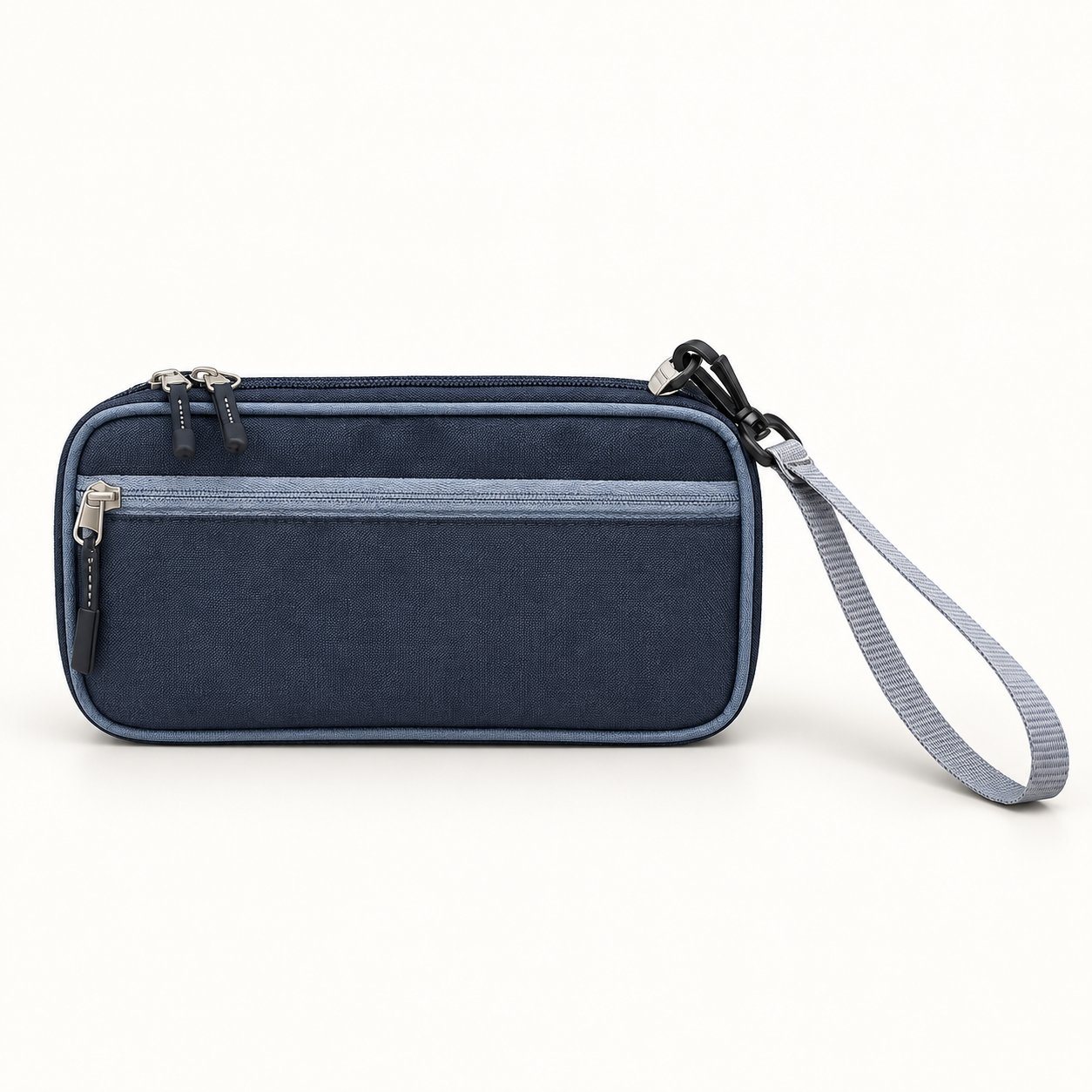 Navy gadget organiser pouch with grey trim and wrist strap