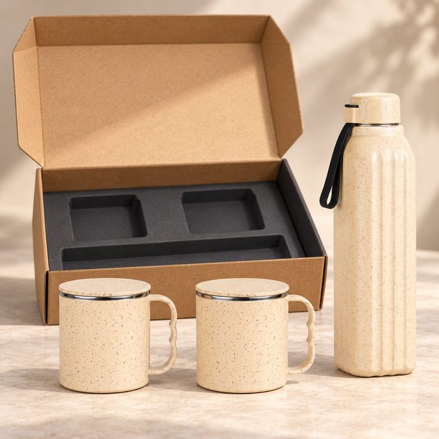 Cream speckled square bottle and two lidded cups in front of an open kraft gift box