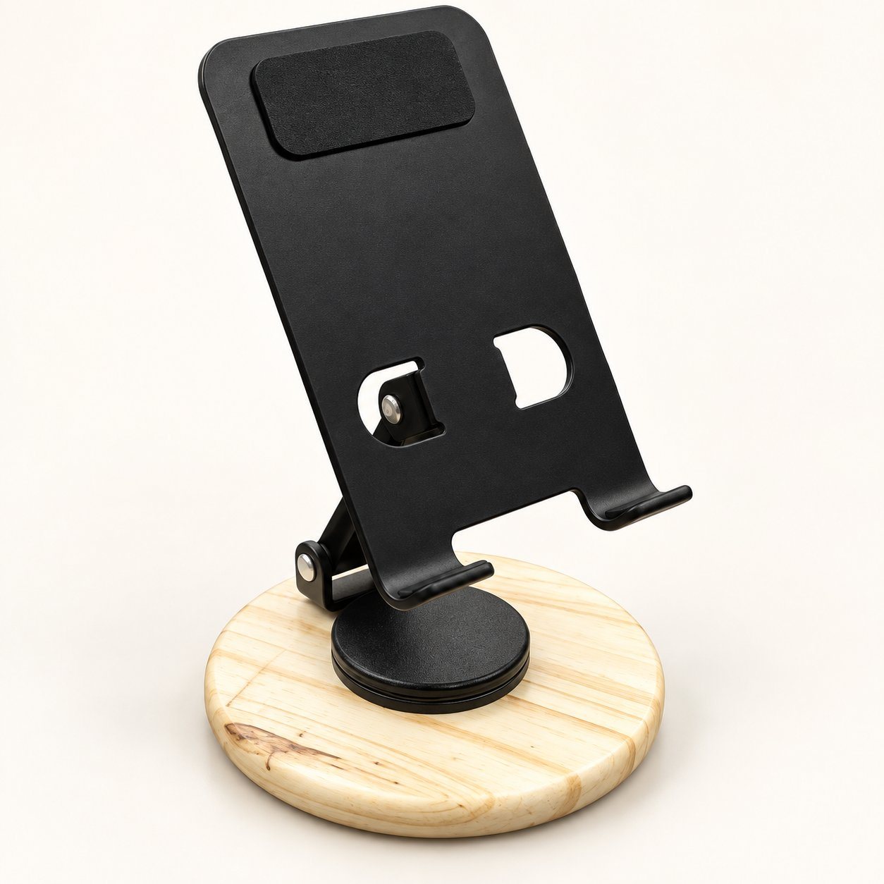 Black folding metal mobile stand on a round bamboo base