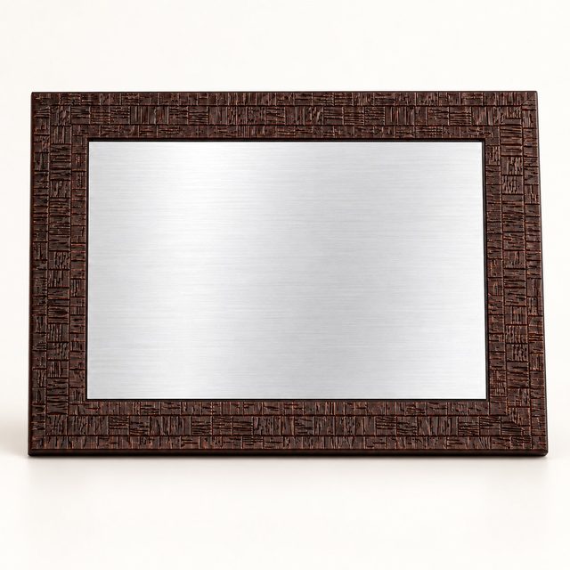 Textured wooden plaque with blank silver plate, shown front and back with stand