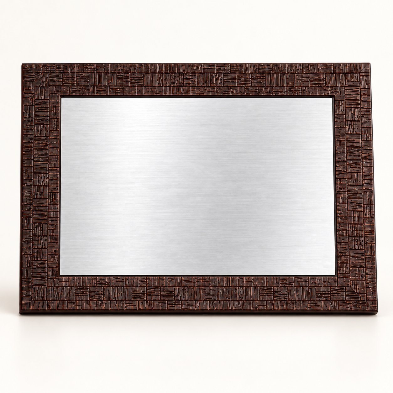 Textured wooden plaque with blank silver plate, shown front and back with stand