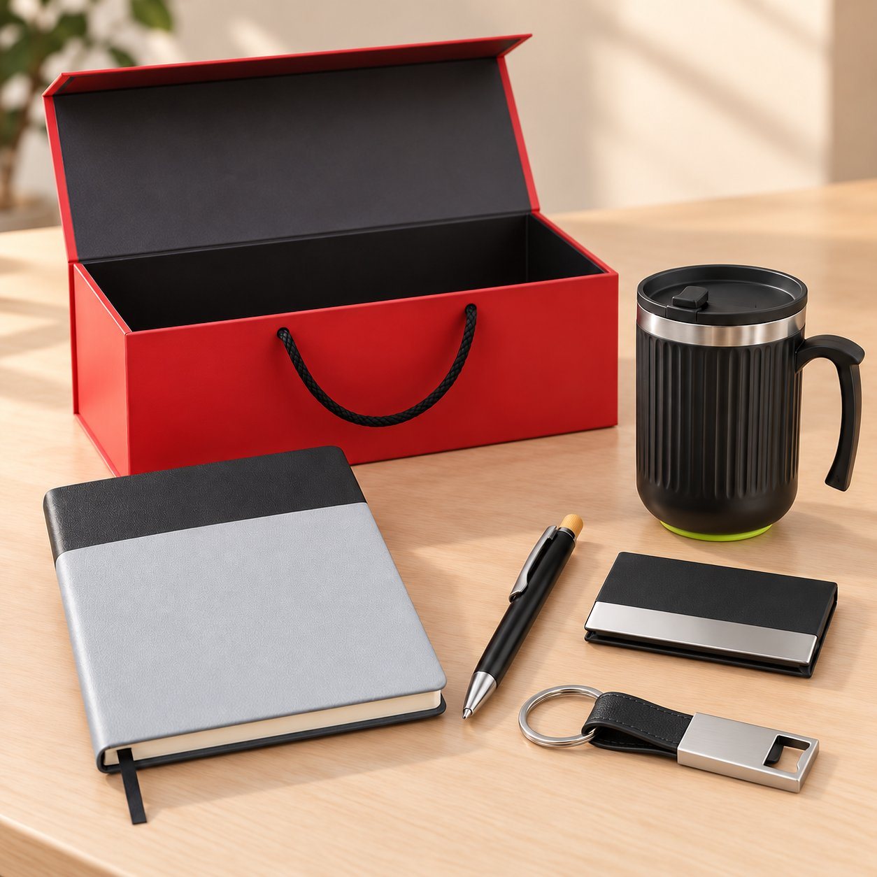 Desk set of 5: grey and black A5 notebook, black suction mug, metal bamboo pen, keychain and card holder before a red magnetic box