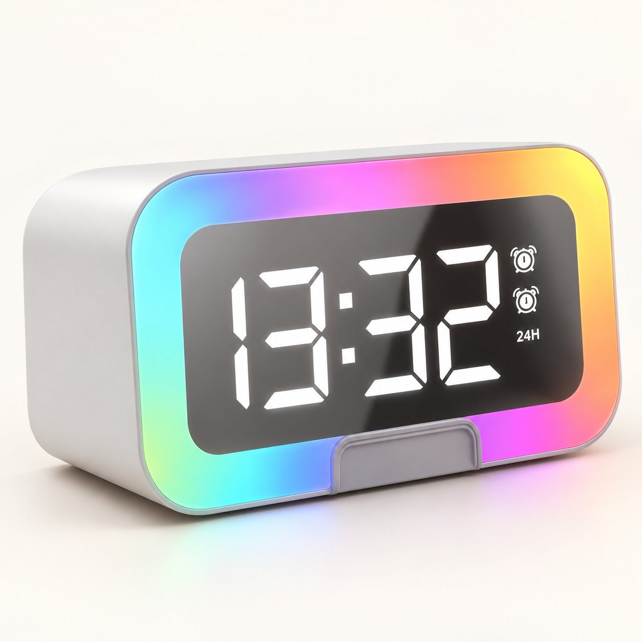 White LED clock with RGB light ring showing 13:32