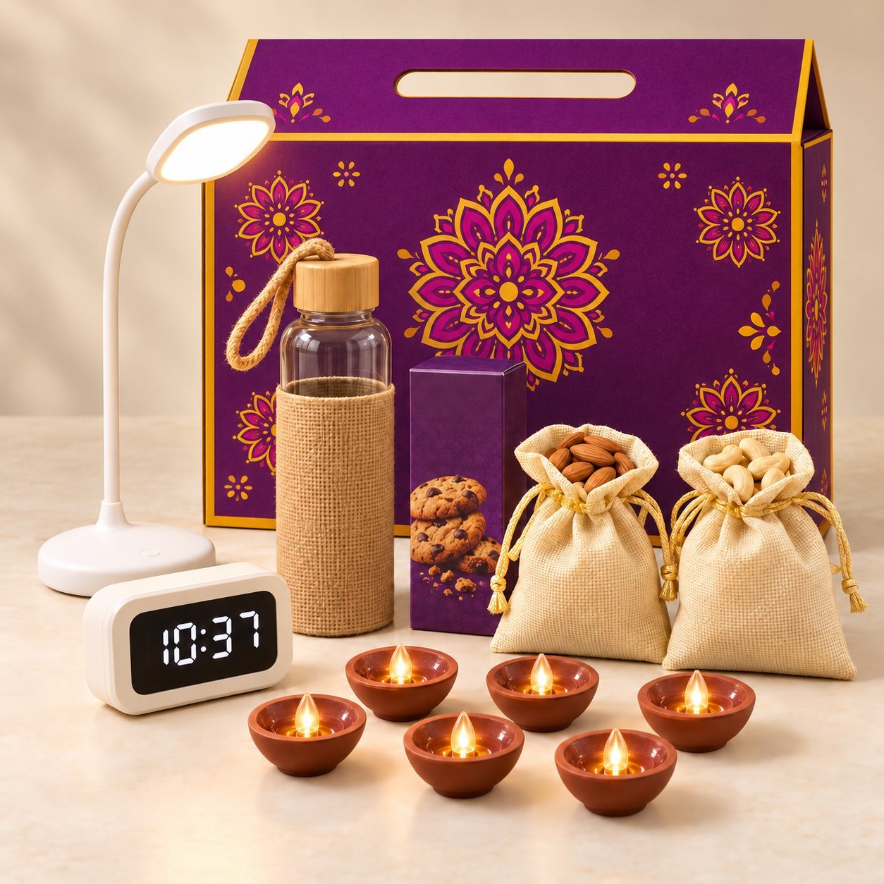 Celebrations set of 7: lamp, glass bottle with jute sleeve, speaker clock, cookies, almond and cashew pouches and six LED diyas with a festive gift box