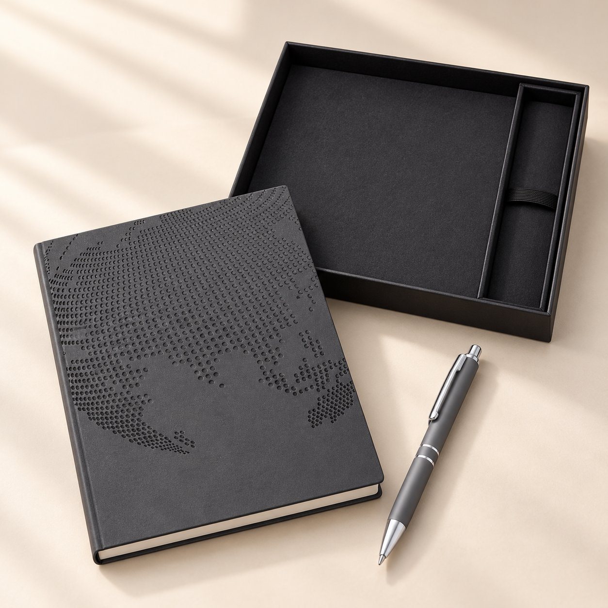 World-map notebook and pen set