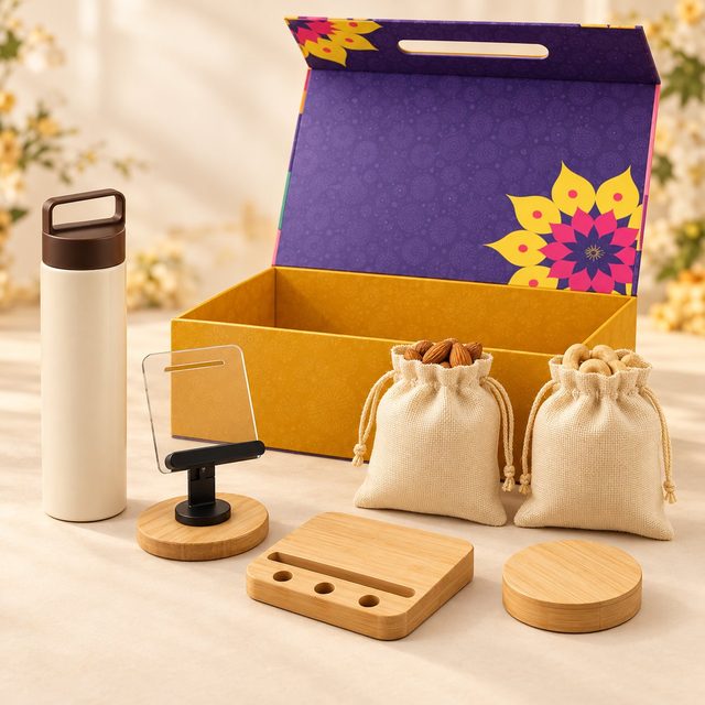 Celebrations set of 6: glass bottle with handle, clear mobile stand, bamboo charger, bamboo cable case and almond and cashew pouches before a purple magnetic box