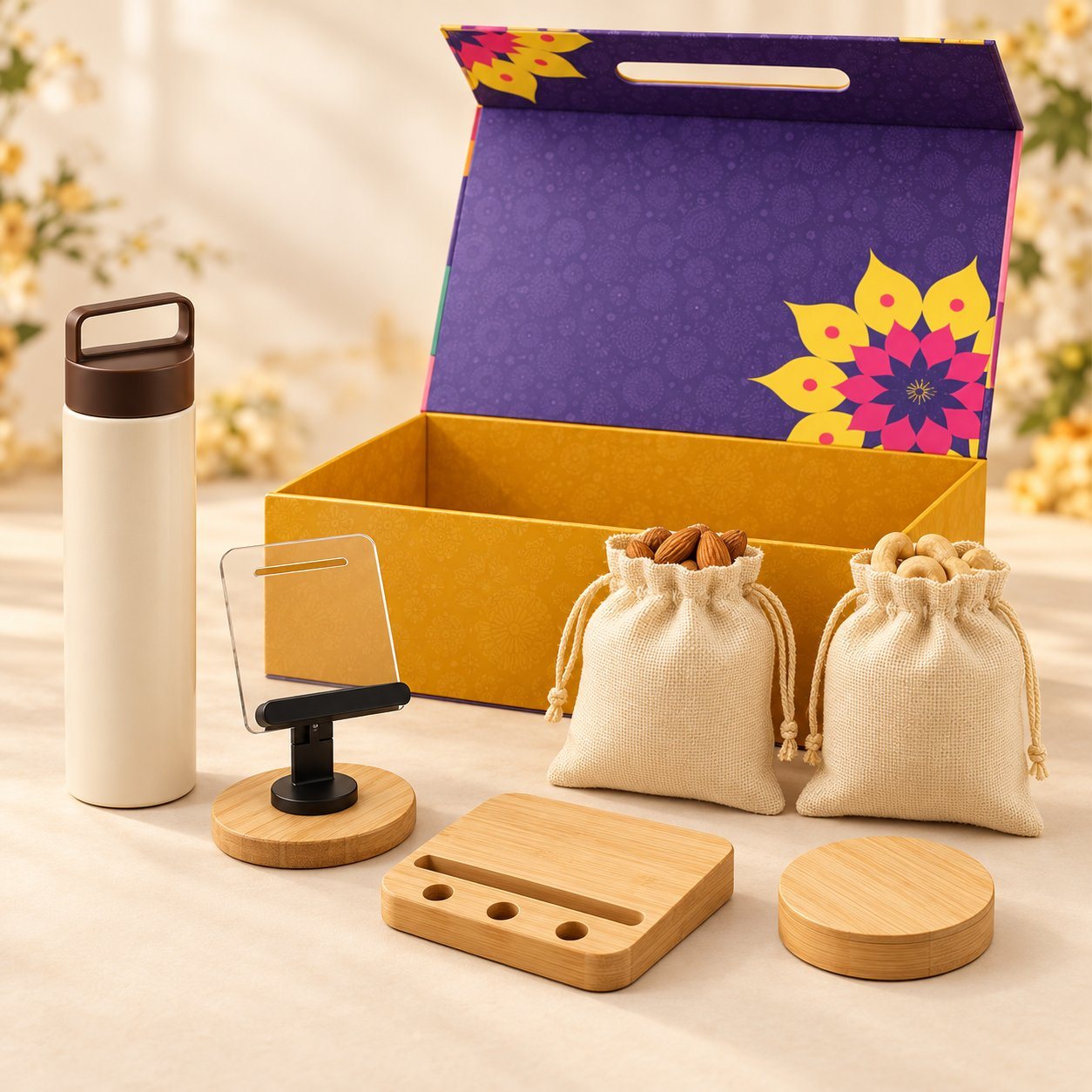 Celebrations set of 6: glass bottle with handle, clear mobile stand, bamboo charger, bamboo cable case and almond and cashew pouches before a purple magnetic box