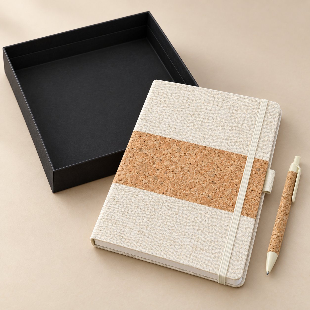 Linen A5 notebook with cork band and cork pen beside an open black gift box