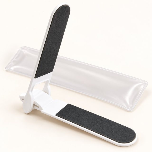 White folding emery board nail filer with its clear pouch