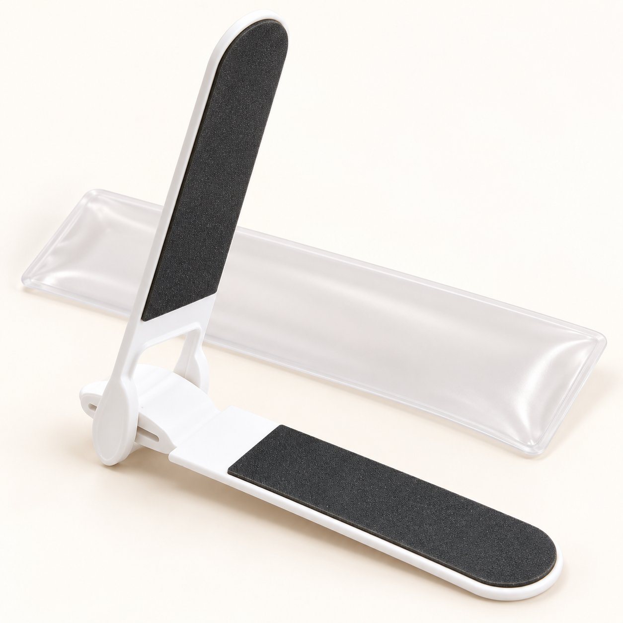 White folding emery board nail filer with its clear pouch