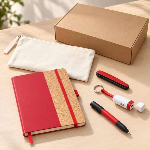 Travel kit: red and cork notebook, red folding scissors, car charger keychain and screwdriver pen with a canvas pouch and kraft box