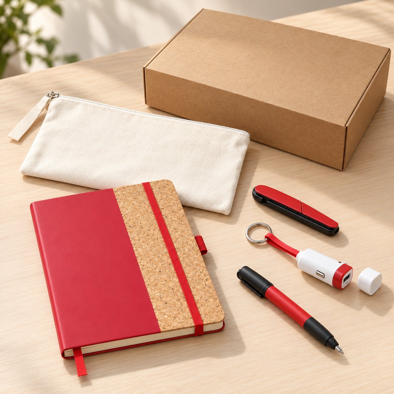 Travel kit: red and cork notebook, red folding scissors, car charger keychain and screwdriver pen with a canvas pouch and kraft box
